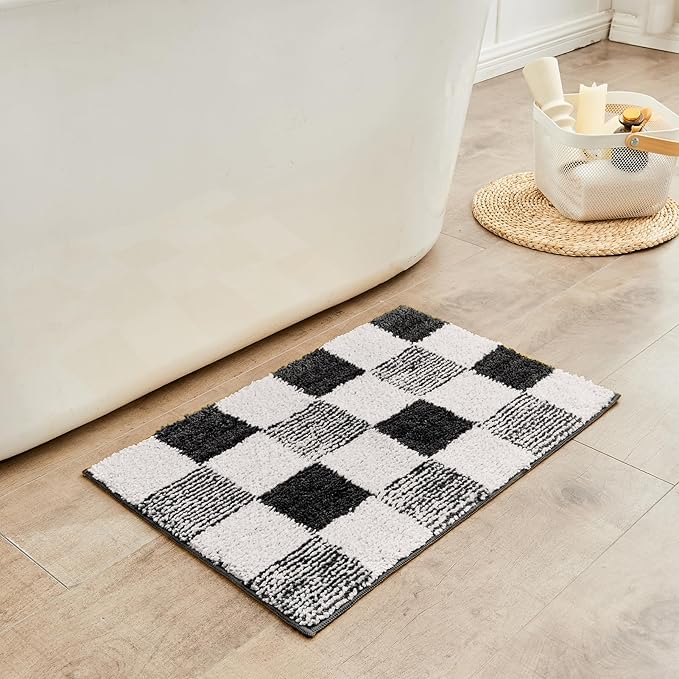 CozeCube Bath mats for Bathroom Non Slip, Fluffy Absorbent Microfiber Bath mat Washable, Aesthetic Bathroom Rugs, Long Jet Black Checkered Bath Runner, Jet Black, 59" x 24"