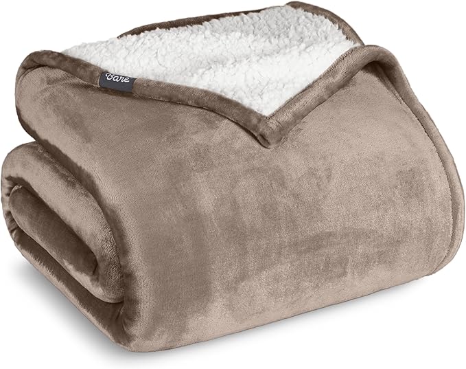 Bare Home Sherpa Fleece Blanket - Throw/Travel Size - Blanket for Bed, Sofa, and Couch - Warm & Lightweight - Fluffy & Soft - Reversible (Throw/Travel, Taupe)