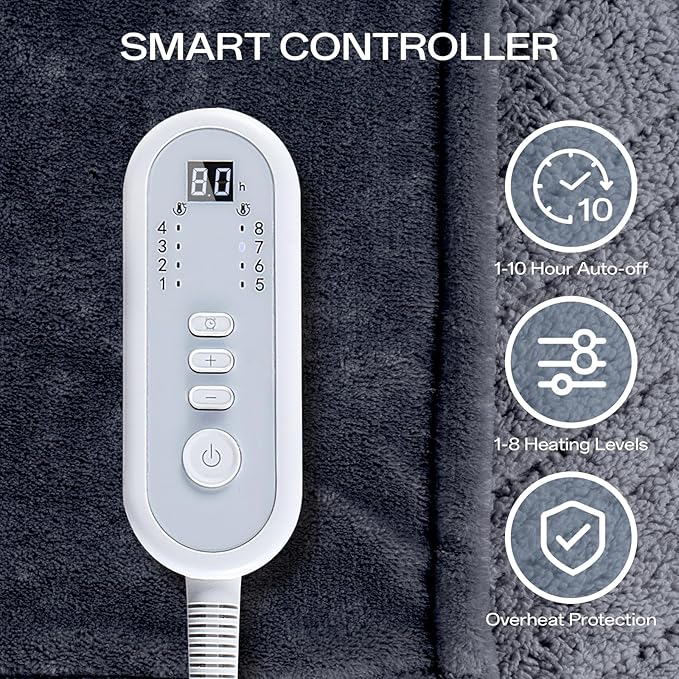 Heated Blanket Electric Full Size with 8 Heat Levels & 10 Time Settings, Heating Blanket with Flannel & Sherpa for Bed, Full Body, Couch, Home Office Use, Machine Washable, Warm Gift (Grey 72"x84")