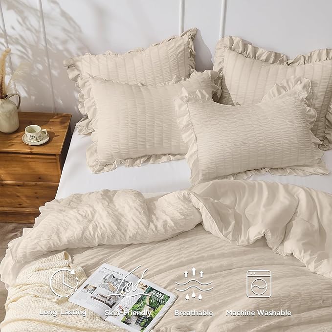 JOLLYVOGUE Beige King Comforter Set, 3 Pieces Seersucker Comforters King Size, Lightweight & Fluffy Bedding Sets for All Season with 1 Ruffle Comforter and 2 Ruffle Pillowshams