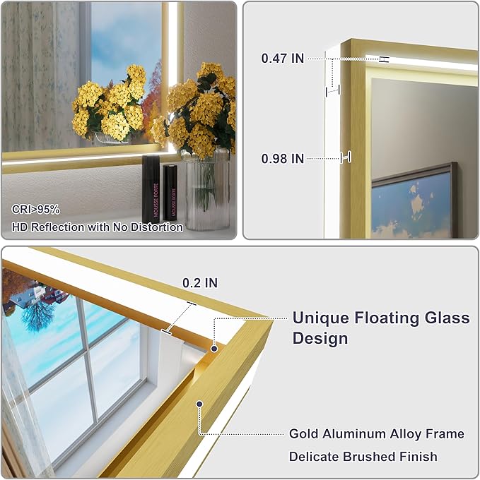 40x30 Inch Gold LED Bathroom Mirror with Front and Back Lights, Adjustable 3000K/4500K/6000K, Framed Lighted Bathroom Vanity Mirror, Dimmable, Anti-Fog, Horizontal/Vertical