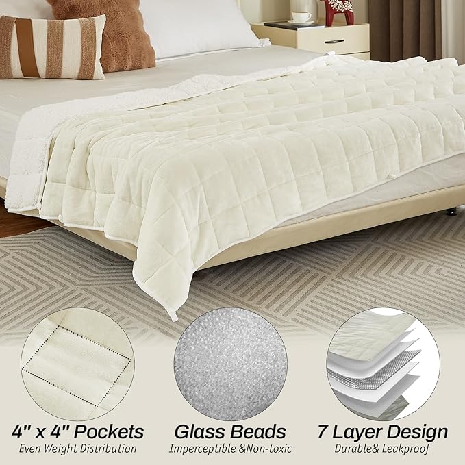 Sherpa Fleece Adult Weighted Blanket, 15 Pounds Dual Sided Soft Plush Blanket for Couch Bed Sofa, Heavy Thick Blankets with Glass Beads Great for Sleep, 60 x 80 inches, Cream White on Both Sides