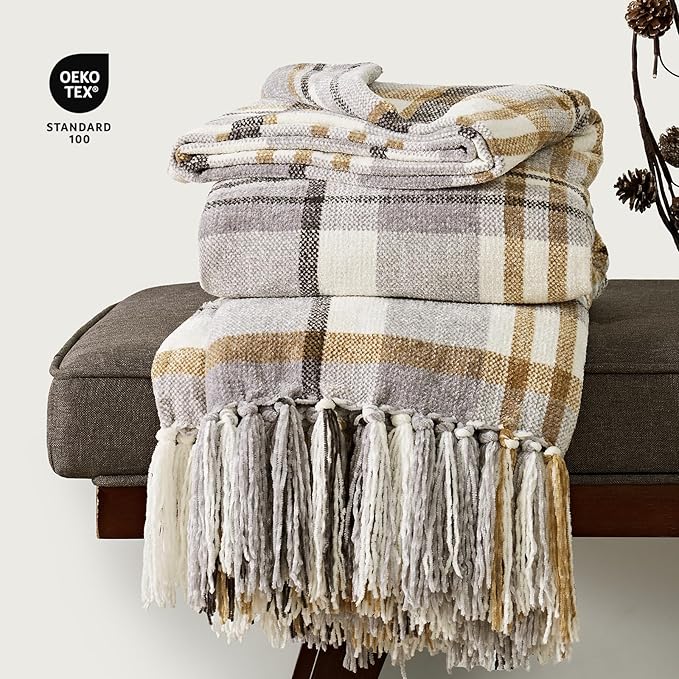 EVERGRACE Plaid Chenille Throw Blanket for Couch, Super Soft Cozy Decorative Farmhouse Plaid Throw with Tassels, Lightweight Chenille Knit Throw for Bed Sofa Gift Home Decor, Grey & Beige 50"x60"