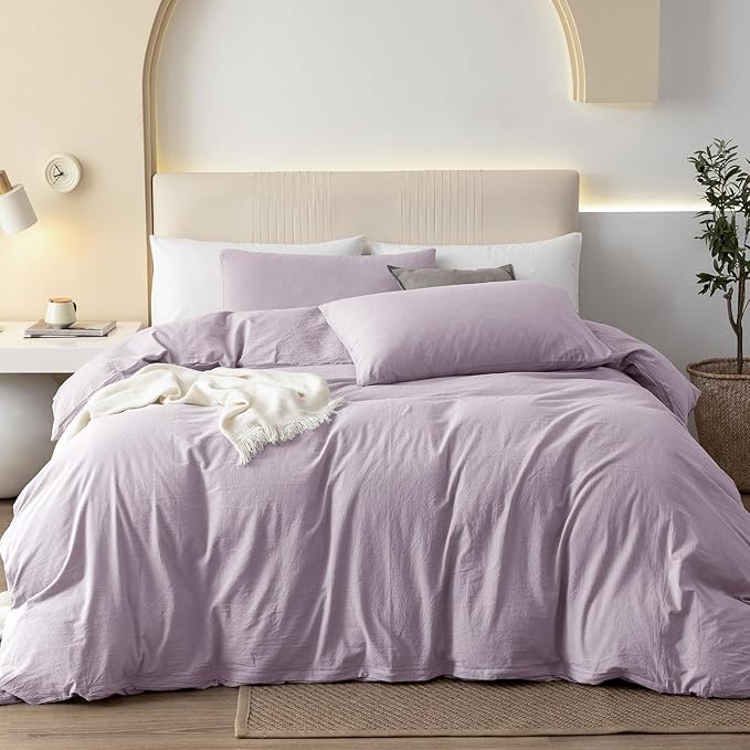 JIYUAN 100% Washed Cotton Duvet Cover Set 3 Pieces Oversized Queen, 1 Duvet Cover 98x98 Inches(Comforter Not Included) and 2 Pillowcases,Linen Like Comfy and Breathable,Heathered Light Purple