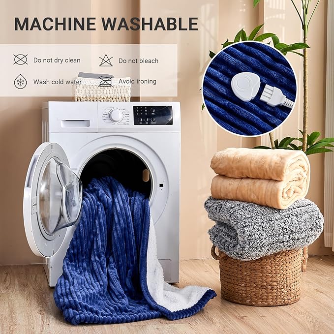 Heated Blanket Electric Queen, Soft Flannel Heating Blanket with 8 Hours Auto Off 10 Fast Heating Levels Machine Washable Sherpa Heated Blanket with Overheating Protection