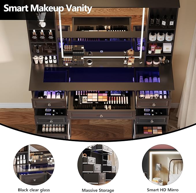Vanity Desk with Mirror and Light, Glass Top Dresser with 9 Drawers, Vanity Table with Storage, Dressing Table, Bedroom Makeup Desk for Women (Black-Glass Top)