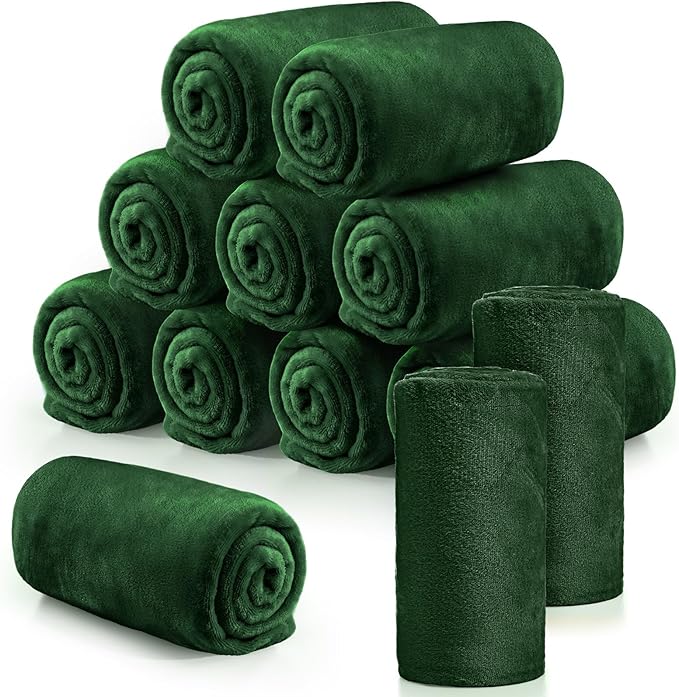Tinideya 12 Pcs Flannel Fleece Throw Blanket Bulk 50 x 60 Inch Soft Fleece Blanket Warm Throw Blanket Coral Blankets for Couch Sofa Home Wedding Gifts Season (Dark Green)