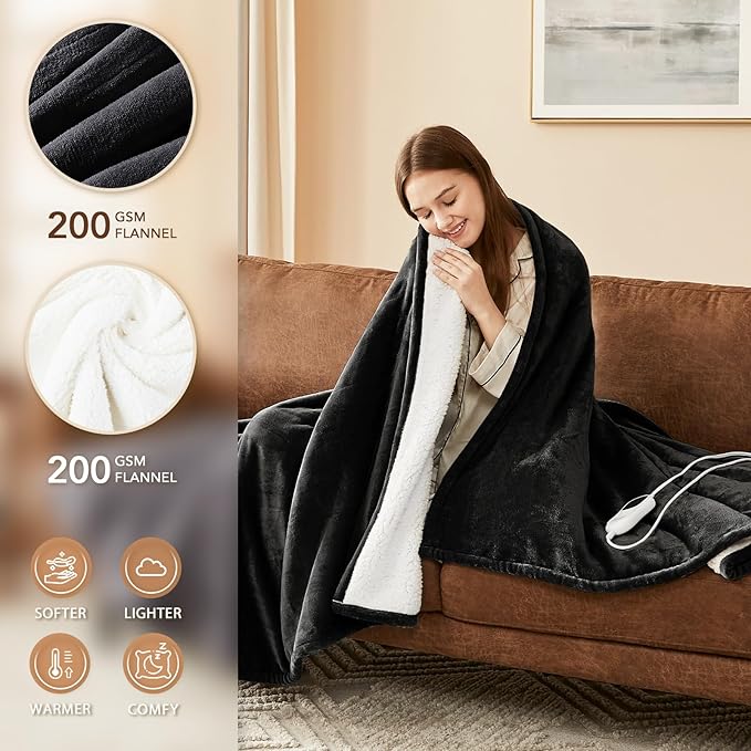 Homemate Electric Heated Blanket Twin Size - 62"x84" Heating Blanket Twin Size 1/2/4/6/8 Hours Auto-Off 10 Heat Level Over-Heat Protection Flannel Sherpa ETL Certification