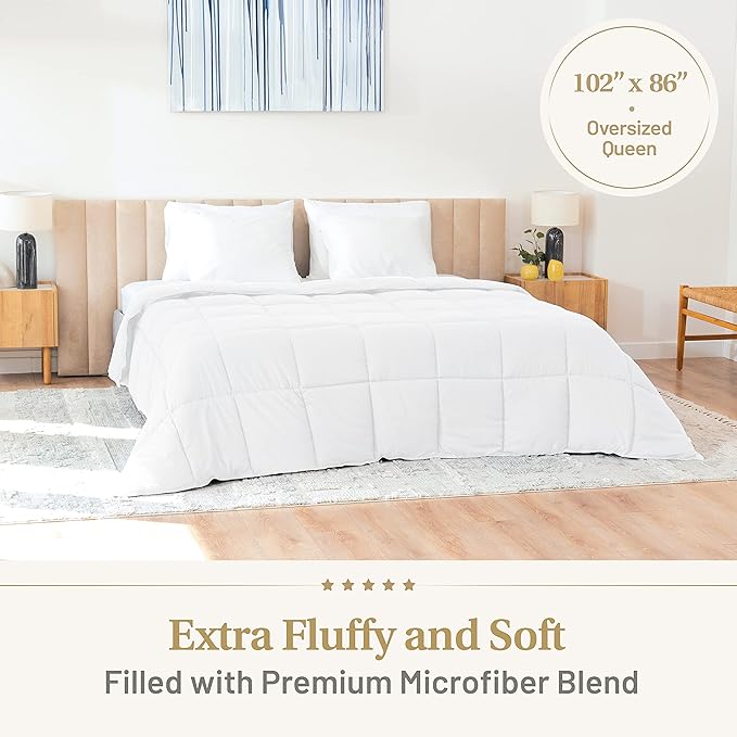 Lavish Comforts® Down Alternative Oversized Queen Comforter - Extra Fluffy Duvet Insert, Hotel Queen, Puffy Thick All Season Premium Cooling Comforter - White 102 x 86