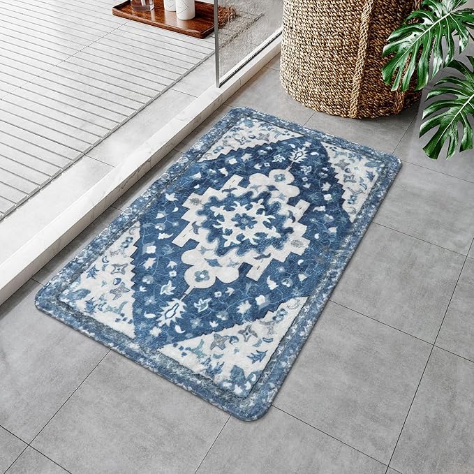 Uphome Vintage Bathroom Rug Blue Boho Non-Slip Bathroom Mat Oriental Soft Machine Washable Bath Rugs Cute Tribal Floral Floor Mats for Sink Tub Door Mat, 18x25 inch