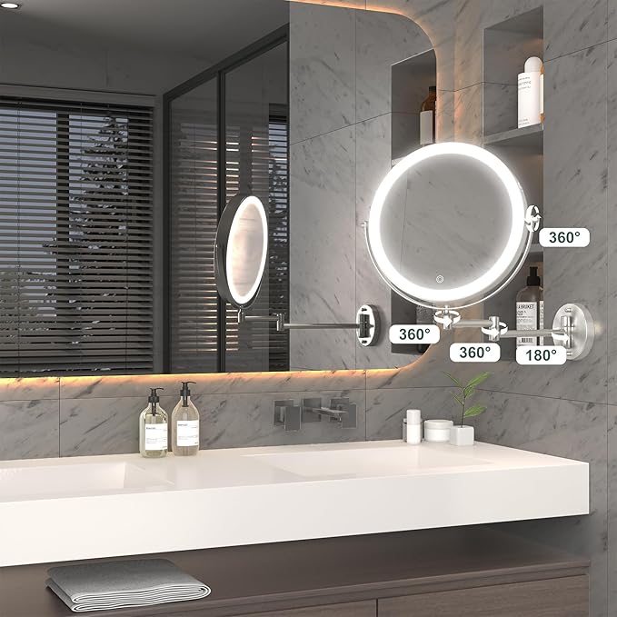 Hasipu 10-Inch Wall Mounted Makeup Mirror with Magnification, Rechargeable 3000 mAh Vanity Mirror with Lights, Bathroom Mirror with Dimmable Brightness, 3 Lighting Modes, Extendable Arm, Nickel
