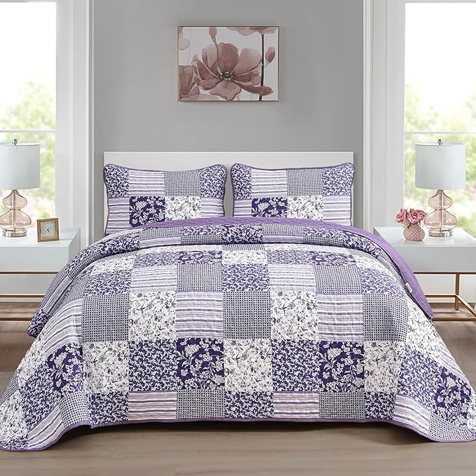 Mybedsoul Purple Quilt Set Full Size, 3 Pieces Plaid Floral Bedspread Set Patchwork Reversible Bedding Set Microfiber Lightweight Bedspread Coverlet Set for All Season 78"x90"