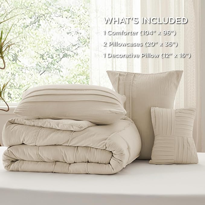 Bedsure California King Comforter Set - 4 Pieces Pinch Pleat Bed Set, Linen Boho Bedding for All Season, 1 Soft Comforter, 2 Pillowcases, 1 Decorative Pillow