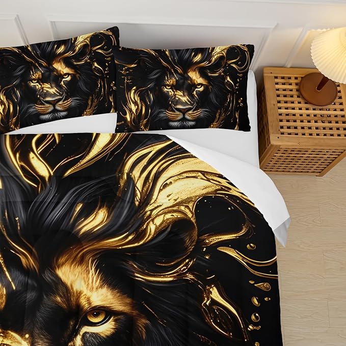 Black & Gold Queen Comforter Set Lion，Animal Print Queen Size Bedding，with 1 Comforter with 2 Pillow Case，Lion Themed Bedroom Decor for Boy Kids