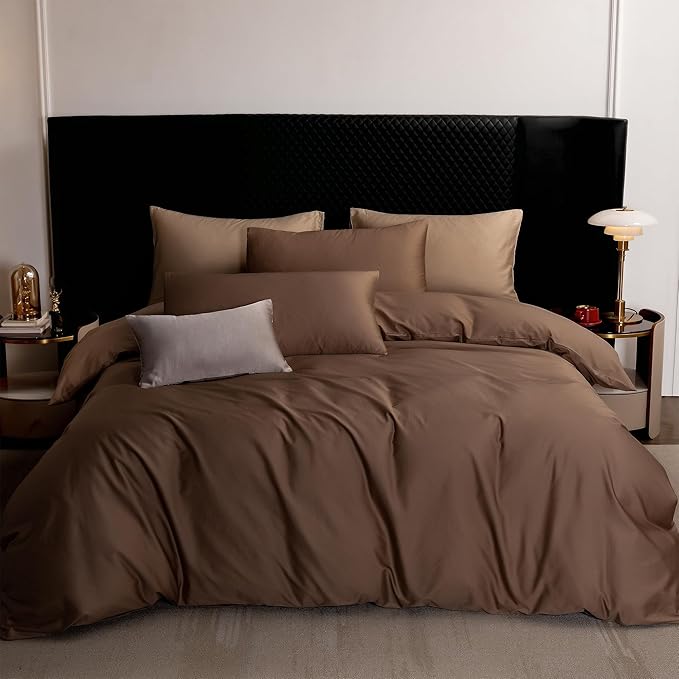 MooMee Duvet Cover Set 100% Extra Long Staple Cotton 600 Thread Count Silky Sateen Smooth Luxury Soft Breathable Durable Hotel Quality Bedding, 3 Pieces (Chocolate Brown, Super King 108"x98")