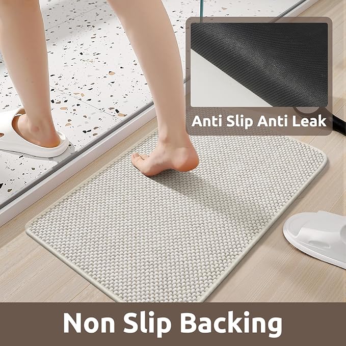 AMOAMI Chenille Bath Mat Super Absorbent Bathroom Mat Quick Dry Bath Mats for Bathroom Rubber Backed Bathroom Rugs Non Slip Washable Fit Under Door, Front of Bathtub, Sink, Beige&White 24"x36"