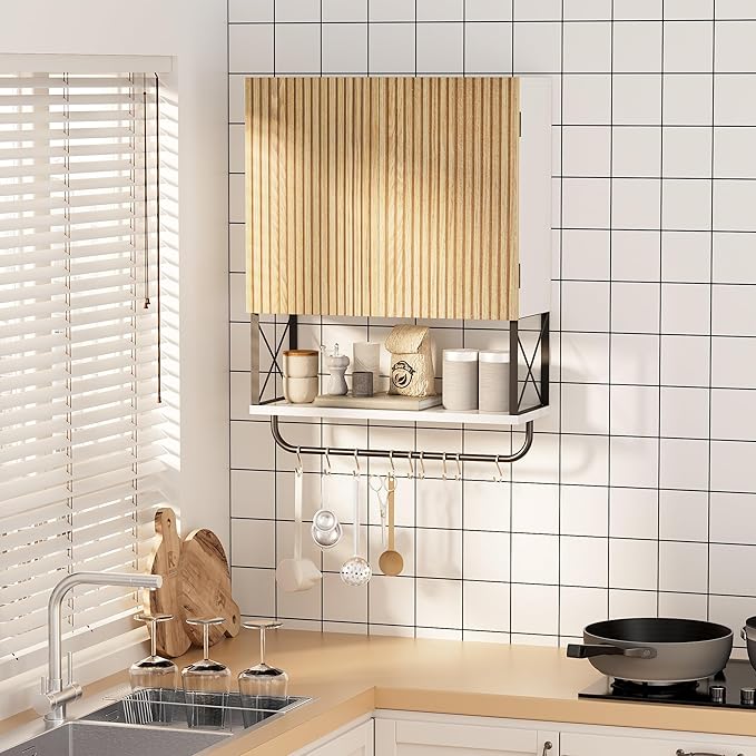 Bathroom Wall Medicine Cabinet, Fluted Hanging Bathroom Wall Mounted Cabinet with Towel Bar, Above Toilet Storage Cabinet for Bathroom Organizers and Storage, Medium Size, White