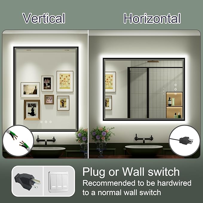 30x36 Inch Black LED Bathroom Mirror with Front and Back Lights, 3000K/4500K/6000K, Wall Mounted Framed Lighted Bathroom Vanity Mirror, Stepless Dimmable, Anti-Fog, Horizontal/Vertical