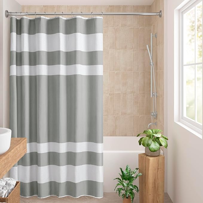 Madison Park Shower Curtain Waffle Weave Striped Pieced Design Fabric Shower Curtain with 3M Scotchgard Moisture Management Premium Spa Quality Modern Shower Curtains for Bathroom Stall 54"x78" Grey