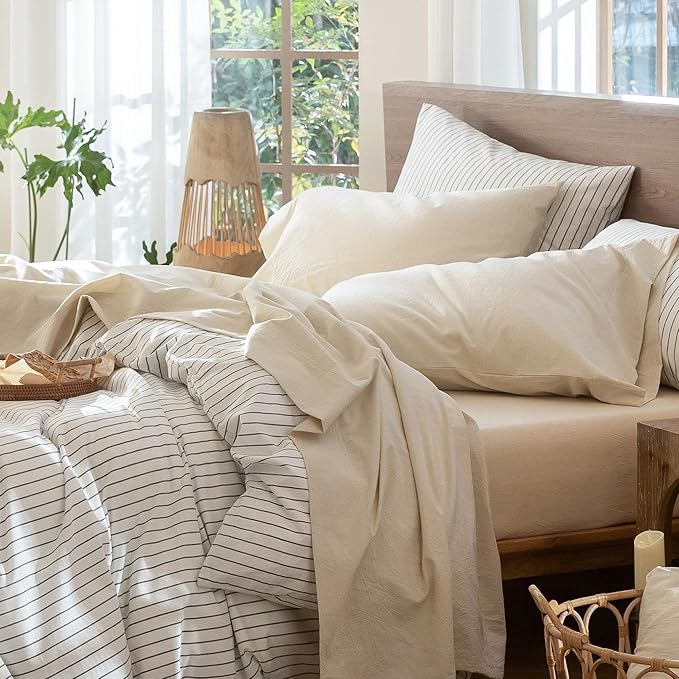 MooMee Bedding Sheet Set 100% Washed Cotton Linen Like Textured Breathable Durable Soft Comfy (Heathered Almond Milk Grey, California King)