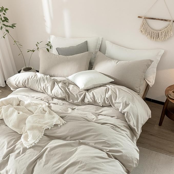 Linen Grey Duvet Cover Super King Size 108inch x 98inch,100% Washed Cotton Duvet Cover with Zipper Closure and 2 Pillowcases, Color of New Nature Linen