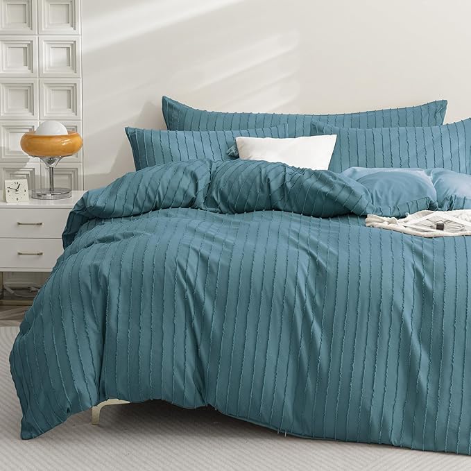 JELLYMONI Duvet Cover Twin Size Grayish Blue - 3PCS Boho Striped Duvet Cover Set Polyester Tufted Bohemian Textured Comforter Cover 68×90in with Corner Ties & Zipper and 2 Pillowcases
