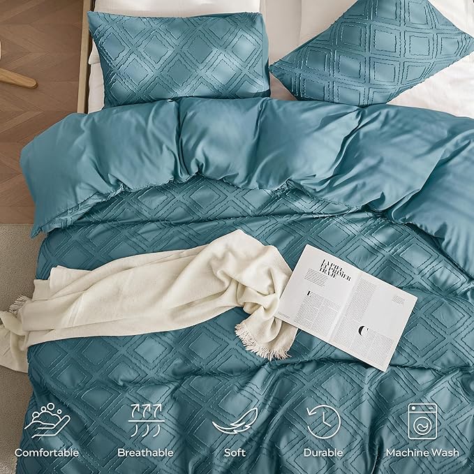 JELLYMONI Duvet Cover Full Size Grayish Blue - 3PCS Boho Duvet Cover Set Plaid Polyester Tufted Bohemian Jacquard Knit Textured Comforter Cover 80×90in Rhombic Geometric Pattern Corner Ties & Zipper