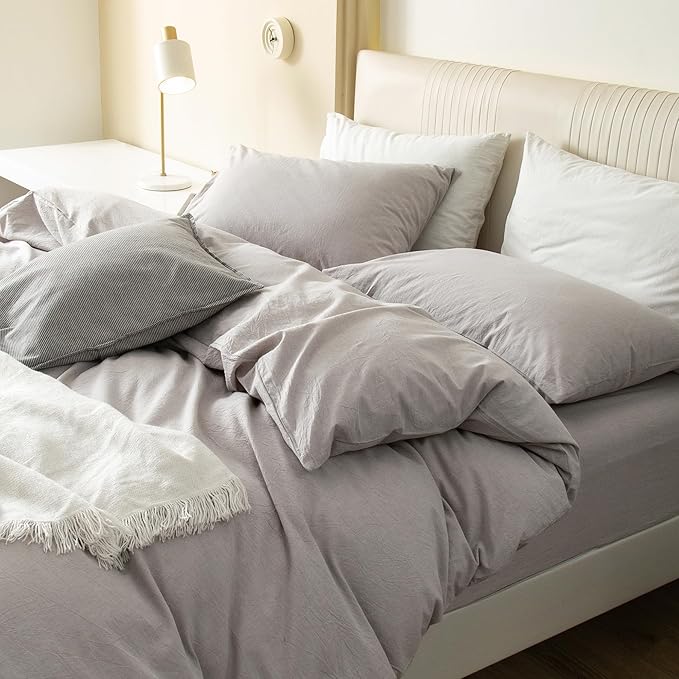 JIYUAN 100% Washed Cotton Duvet Cover Set 3 Pieces Cal King, 1 Duvet Cover 104x98 Inches(Comforter Not Included) and 2 Pillowcases,Linen Feel Bedding Set Comfy and Breathable, Heathered Linen