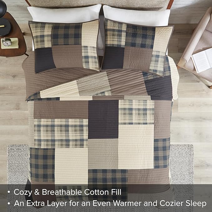 Woolrich Quilt Set Patchwork Channel Quilting, Cottege Coverlet for Twin Size Bed All Seasons, Lightweight Prewashed Cotton Coverlet Bedspread, Shams, Winter Hills, Oversized Twin/Twin XL Tan 2 Piece