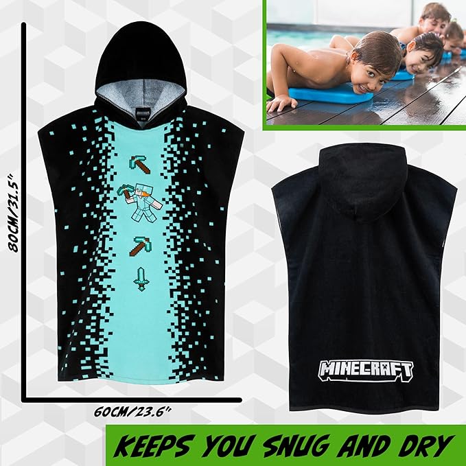 Minecraft Towelling Poncho Kids Teens Hooded Bath Towels Absorbent Beach Towel (Black/Blue, 6-9 Years)