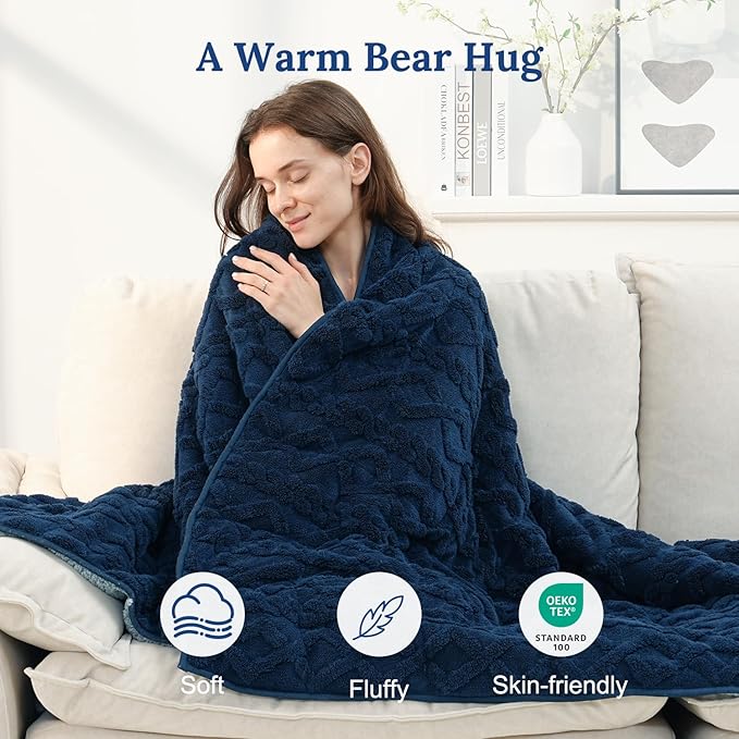 Sherpa Fleece Adult Weighted Blanket Great for Sleep, 20 lbs Dual Sided Soft Fuzzy Heavy Blankets for Couch Bed Sofa, Cozy Warm Fluffy Jacquard Throw for Winter (Navy Blue, 60" x 80", 20 Pounds)