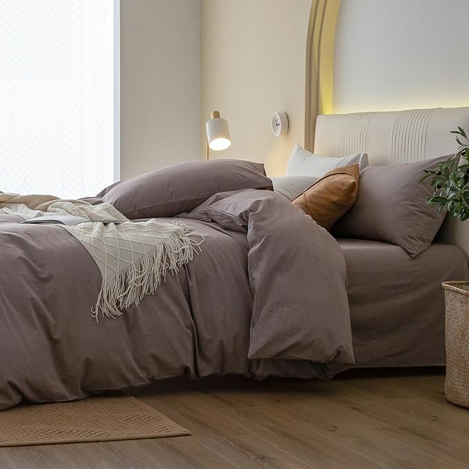 JIYUAN 100% Washed Cotton Duvet Cover Set 3 Pieces Oversized King, 1 Duvet Cover 120x98 Inches(Comforter Not Included) and 2 Pillowcases,Linen Like Comfy and Breathable, Heathered Mauve Brown