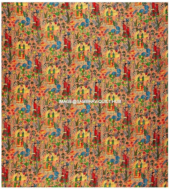Floral Printed Cotton Quilted Blanket Indian Handmade Bedspread Kantha Work Bohemian Bed Decor Throw Blanket Twin/King/Queen (60X90 inches)