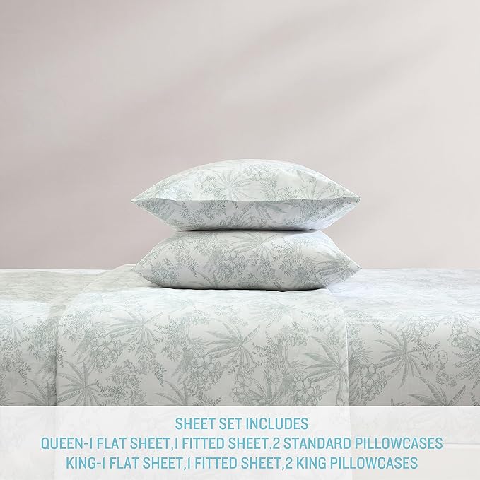 Tommy Bahama - King Sheets, Cotton Percale Bedding Set, Crisp & Cool, Stylish Bedding Set (Pen and Ink Palm Green, King)