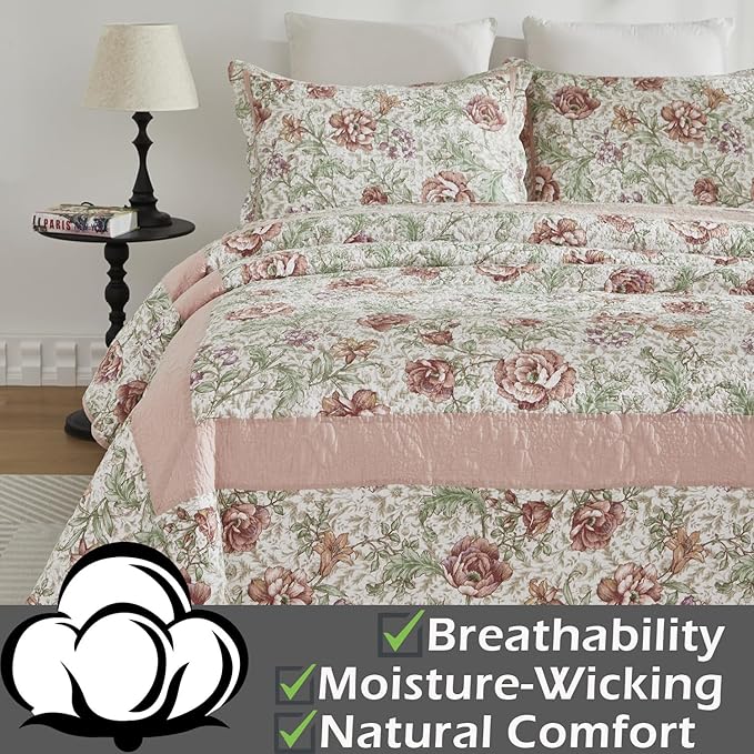 Brandeam Queen Size Quilt Set Cotton Pink Floral Quilts Country Rustic Patchwork Quilts Lightweight Summer Bedspread 3-Piece