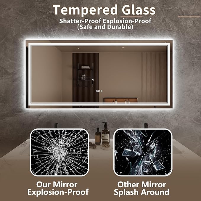 Bathroom Mirror with Lights 28"X60" with Front Light and Backlit, Tempered Glass, Wall Mount Horizontal/Vertical, Stepless Dimmable, 3 Colors, Anti Fog, Bathroom Memory LED Mirror