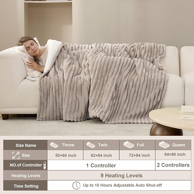 Hansleep Heated Blanket Electric Blanket Twin, Heating Blanket with 9 Heating Levels and 10-Hour Timer Auto Shut Off, Washable Soft Warm Winter Blanket, 62 x 84 Inches, Linen