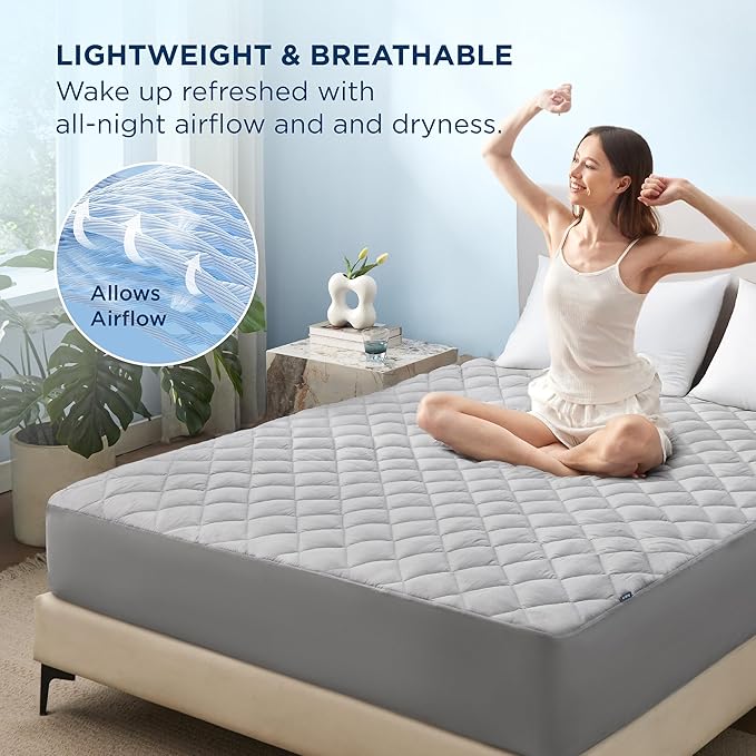 Bedsure Queen Mattress pad, Quilted Waterproof Mattress Protector with Deep Pocket up to 22 Inches, Soft Breathable Bed Pad Covers, Queen Bed Topper for Home, Bedroom, Hotel –Grey