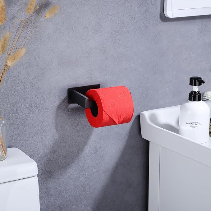 LANC Self-Adhesive Toilet Paper Holder, Matte Black Toilet Tissue Holder Wall Mounted for Bathroom Kitchen Stick On Paper Roll Holder with No Drilling Rustproof Stainless Steel, A8307MB