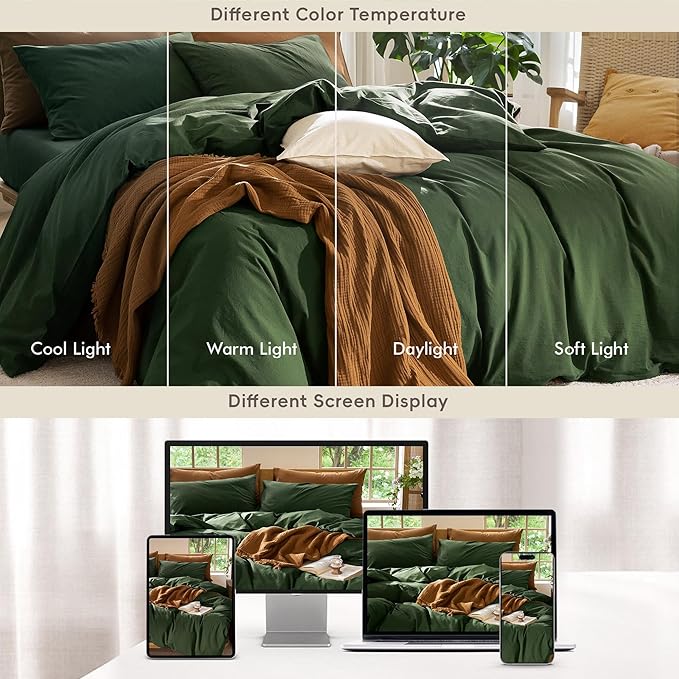 MooMee Bedding Duvet Cover Set 100% Washed Cotton Linen Like Textured Breathable Durable Soft Comfy (Solid Forest Green, Cal King 104"x98")