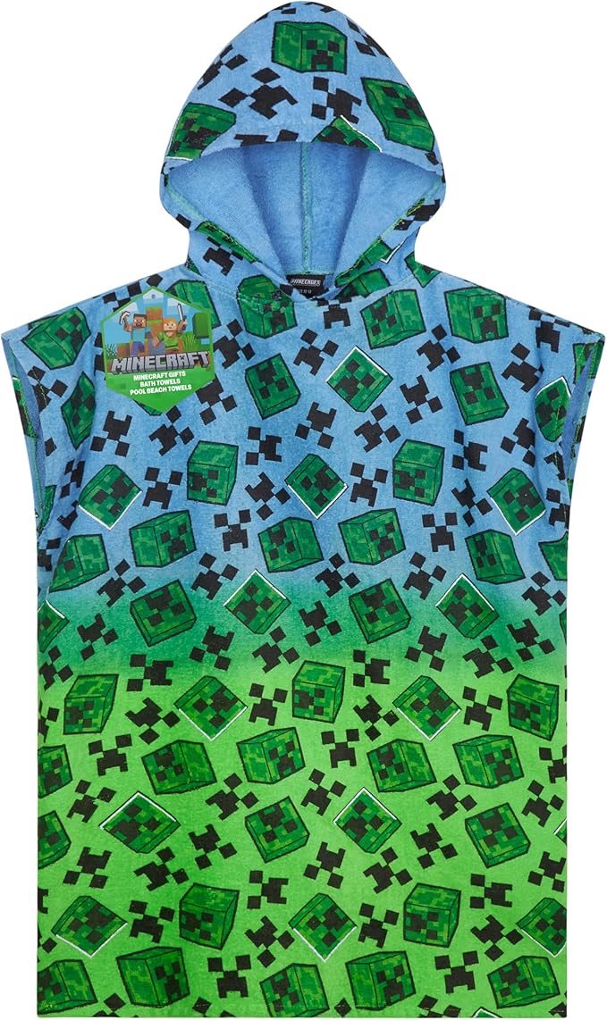 Minecraft Towelling Poncho Kids Teens Hooded Bath Towels Absorbent Beach Towel (Multi, 6-9 Years)