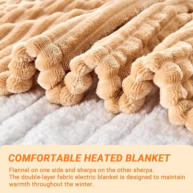 Heated Blanket Electric Queen, Soft Flannel Heating Blanket with 8 Hours Auto Off 10 Fast Heating Levels Machine Washable Sherpa Heated Blanket with Overheating Protection