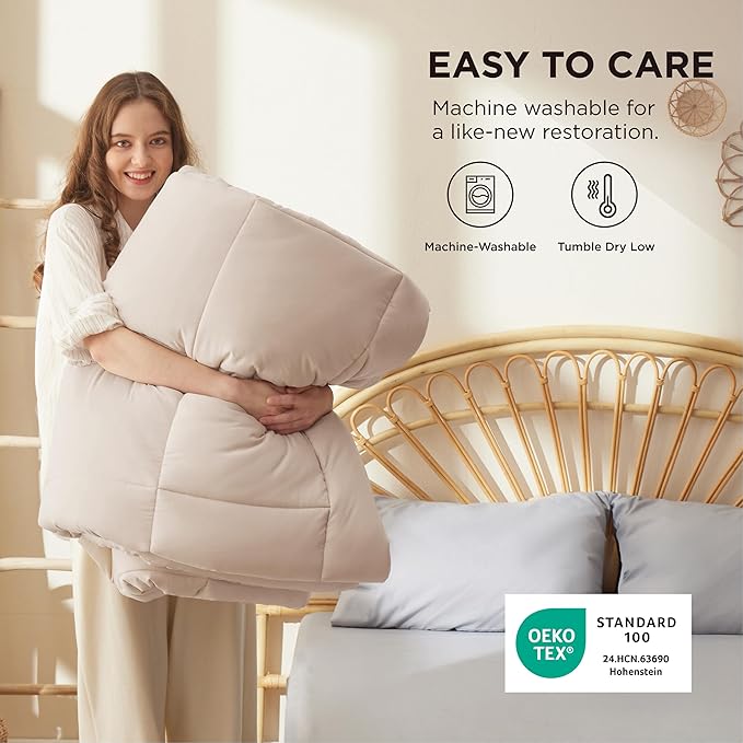 Bedsure Comforter Duvet Insert - Quilted Comforters Oversize Queen Size, All Season Duvet, GentleSoft Down Alternative Bedding, with 8 Tabs, Gifts for Women/Men, Beige, Oversize Queen 98 x 98 Inches