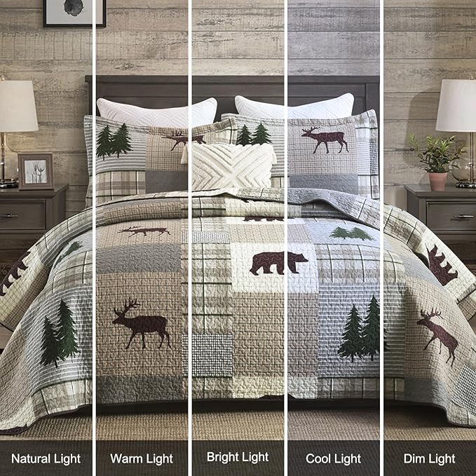 Uniclinens Quilt Set King Size, 100% Cotton Quilted Quilt Bedding Set Bedspread, Bear Tree Elk Farmhouse Rustic Quilt, Patchwork Plaid Comforter Set, 3 Pieces Set with 2 Pillowshams, Brown/Grey/Green