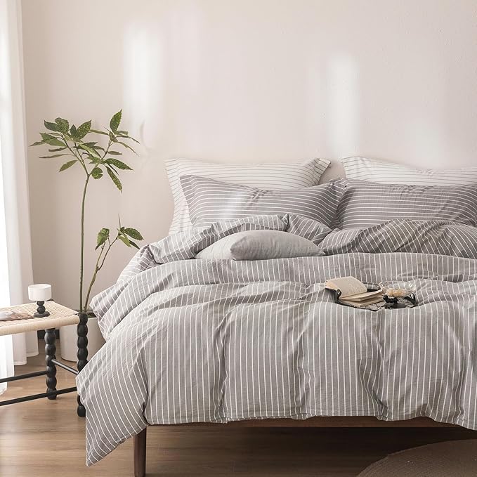 Stripe Duvet Cover Queen Size 90inch x 90inch, 100% Washed Cotton Linen Feel Pinstripe Duvet Cover with Zipper Closure and 2 Pillowcases, Color of Grey and White Stripe