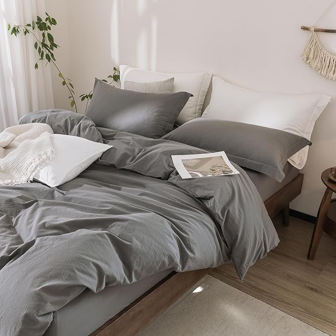 100% Washed Cotton Duvet Cover Queen Size Dark Grey Bedding Set Cover 1 Duvet Cover with Zipper Closure and 2 Pillowcases, 90inch x 90inch