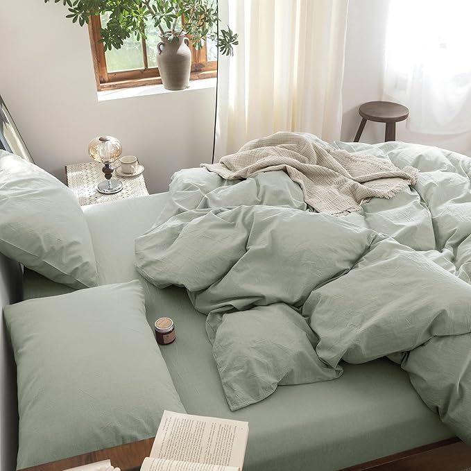 FOSSA Duvet Cover Set 100% Washed Cotton Linen Feel Super Soft Breathable Cozy Simple Style 3 Pieces Bedding Sets Solid Sage Green Super King Plus