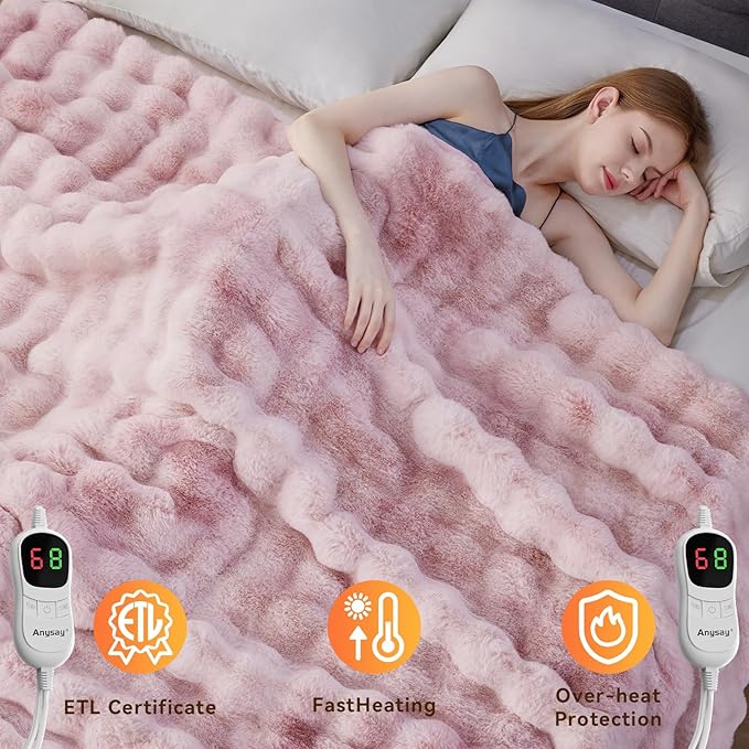 Heated Blanket Throw with 1/2/4/6/8 Hours Auto-Off 10 Heat Level, 90'' * 100'' Cozy Faux Rabbit Fur Bubble Electric Blanket with Overheat Protection(Tie-Dye Pink)