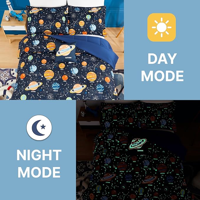 Twin Comforter Set for Boys-3 Pieces Space Glow in The Dark Twin Bedding Sets for Kids,1 Comforter,1 Sham and 1 Decor Pillow