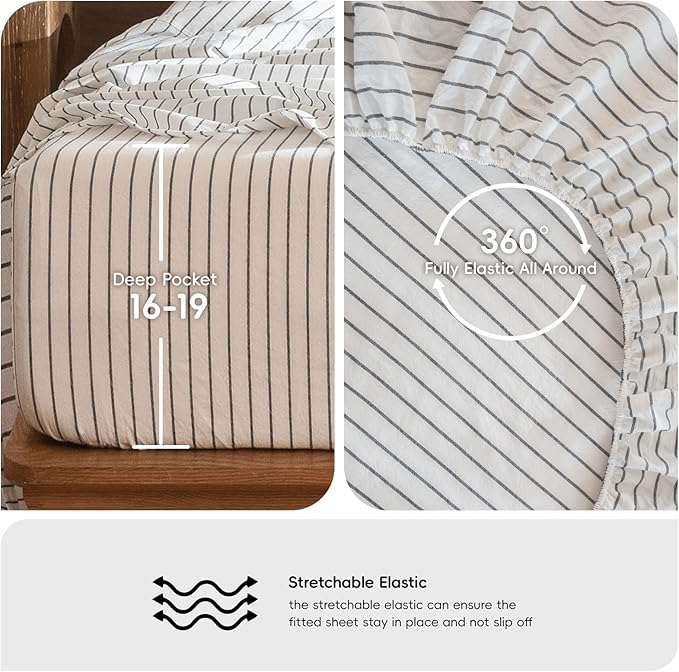 MooMee Striped Sheet Set 100% Washed Cotton Linen Like Textured Breathable Durable Soft Comfy (White Dark Grey Wide Stripes, California King)